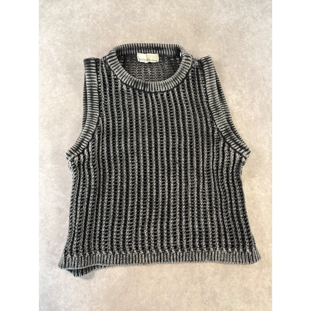 Zenana Acid Wash Fishnet Sweater Vest Women's Small Black Grunge Open Knit